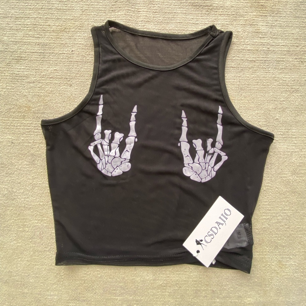 NWT Black Crop Top with Skeleton Hand Design (Let it Ride)